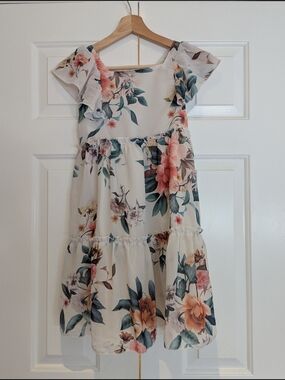 H&M Girls White Floral Tiered Spring Summer Dress Size 10 L